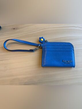 Kate Spade Devin Wristlet Blue Leather Wristlet Card Holder with Flower Charm